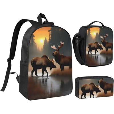 YQxwJL Lot de 3 sacs à dos avec boîte à déjeuner et trousse à crayons Motif cerf ours élan Pour voyage, travail, camping Unisexe YQxwJL Lot de 3 sacs à dos avec boîte à déjeuner et trousse à crayons Motif cerf ours élan Pour voyage, travail, camping Unisexe