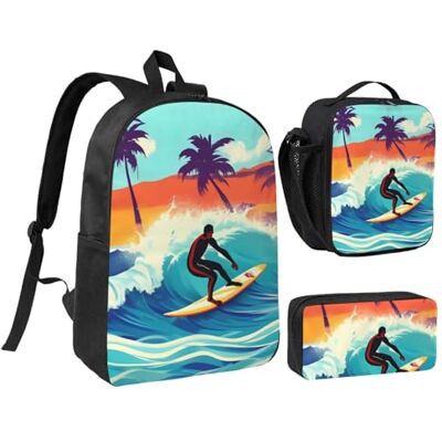 YQxwJL Lot de 3 sacs à dos hawaïens avec motif vagues et trousse à crayons pour voyage, travail, camping unisexe YQxwJL Lot de 3 sacs à dos hawaïens avec motif vagues et trousse à crayons pour voyage, travail, camping unisexe