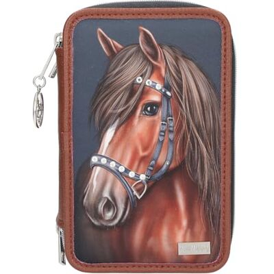 Depesche Miss Melody 13688 Trousse à crayons 3 compartiments Motif cheval et strass Bleu foncé et marron Depesche Miss Melody 13688 Trousse à crayons 3 compartiments Motif cheval et strass Bleu foncé et marron