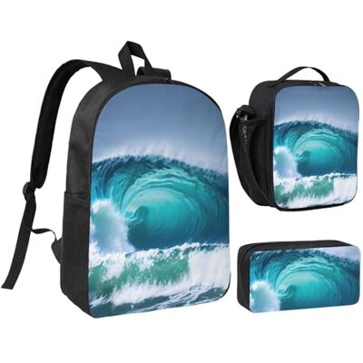 YQxwJL Lot de 3 sacs à dos avec boîte à déjeuner et trousse à crayons Motif vagues de l'océan Unisexe YQxwJL Lot de 3 sacs à dos avec boîte à déjeuner et trousse à crayons Motif vagues de l'océan Unisexe