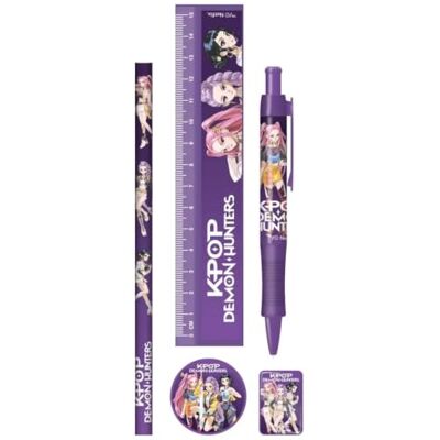 Pyramid CYPBRANDS K-Pop Demon Hunters, Huntrix, Set de papeterie, étui, crayon, caoutchouc, taille-crayon, stylo, règle, couleur violet, produit officiel Pyramid CYPBRANDS K-Pop Demon Hunters, Huntrix, Set de papeterie, étui, crayon, caoutchouc, taille-crayon, stylo, règle, couleur violet, produit officiel