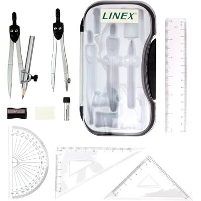 Linex Kit de géométrie noir pour examens, école secondaire, 10 pièces, boussole, rapporteur Linex Kit de géométrie noir pour examens, école secondaire, 10 pièces, boussole, rapporteur