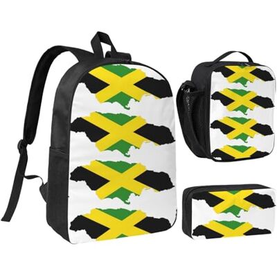 YQxwJL Lot de 3 sacs à dos avec boîte à déjeuner et trousse à crayons pour voyage, travail, camping Motif drapeau de la Jamaïque, noir, One Size YQxwJL Lot de 3 sacs à dos avec boîte à déjeuner et trousse à crayons pour voyage, travail, camping Motif drapeau de la Jamaïque, noir, One Size