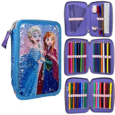 CARTOON Trousse à paillettes réversibles 3 fermetures éclair pour l'école complète 44 pièces de papeterie feutres Giotto accessoire pour enfants et adolescents, La Reine des neiges., trousse CARTOON Trousse à paillettes réversibles 3 fermetures éclair pour l'école complète 44 pièces de papeterie feutres Giotto accessoire pour enfants et adolescents, La Reine des neiges., trousse
