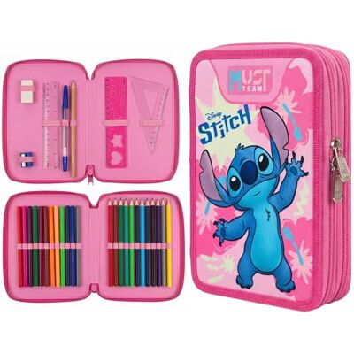 Disney Trousse à crayons à double compartiment remplie de papeterie pour enfants, Stitch rose, Moderne Disney Trousse à crayons à double compartiment remplie de papeterie pour enfants, Stitch rose, Moderne