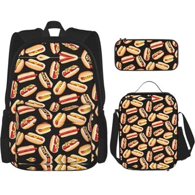 NEZIH Fun Food Hot Dogs Ensemble de sacs à livres 3 en 1 avec bandoulière réglable, sac à déjeuner, trousse à crayons NEZIH Fun Food Hot Dogs Ensemble de sacs à livres 3 en 1 avec bandoulière réglable, sac à déjeuner, trousse à crayons