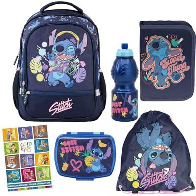 Goldkids Cartable pour garçons et filles – Sac à dos scolaire pour enfants avec trousse – Sac à chaussures – Boîte à sandwich – Gourde et cahier de devoirs – Motif Lilo et Stitch, Lot de 6, 1-3 Goldkids Cartable pour garçons et filles – Sac à dos scolaire pour enfants avec trousse – Sac à chaussures – Boîte à sandwich – Gourde et cahier de devoirs – Motif Lilo et Stitch, Lot de 6, 1-3