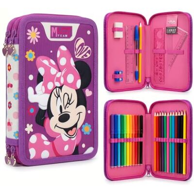 Disney Trousse à crayons à double compartiment remplie de papeterie pour enfants, Minnie Violet Double fermeture éclair, Moderne Disney Trousse à crayons à double compartiment remplie de papeterie pour enfants, Minnie Violet Double fermeture éclair, Moderne
