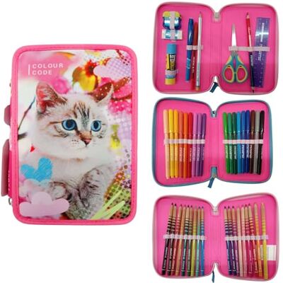 Seven Trousse Colour Code, porte-stylo à 3 fermetures éclair avec ensemble complet de papeterie, motifs animaux, rose, Moderne Seven Trousse Colour Code, porte-stylo à 3 fermetures éclair avec ensemble complet de papeterie, motifs animaux, rose, Moderne