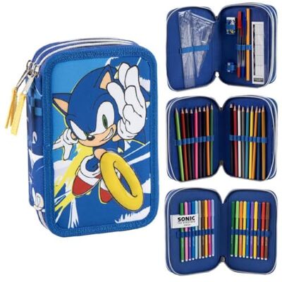 CARTOON Giotto Trousse scolaire 3 fermetures éclair triple compartiment complet 44 pièces couleurs papeterie pour enfants, Sonic, Organisateur de sac CARTOON Giotto Trousse scolaire 3 fermetures éclair triple compartiment complet 44 pièces couleurs papeterie pour enfants, Sonic, Organisateur de sac