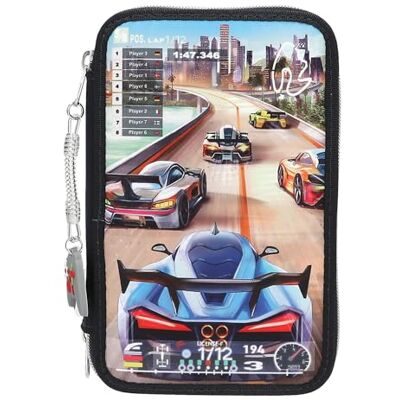 Depesche 13712 Action World Gaming – Trousse à crayons remplie à 3 compartiments bleu foncé, avec motif de jeu de course de voiture et horizon, trousse avec crayons de couleur, ciseaux, règle, etc. Depesche 13712 Action World Gaming – Trousse à crayons remplie à 3 compartiments bleu foncé, avec motif de jeu de course de voiture et horizon, trousse avec crayons de couleur, ciseaux, règle, etc.