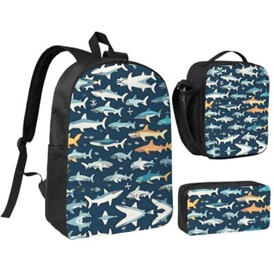 YQxwJL Lot de 3 sacs à dos avec boîte à déjeuner et trousse à crayons Unisexe Motif requins Pour voyage, travail, camping YQxwJL Lot de 3 sacs à dos avec boîte à déjeuner et trousse à crayons Unisexe Motif requins Pour voyage, travail, camping