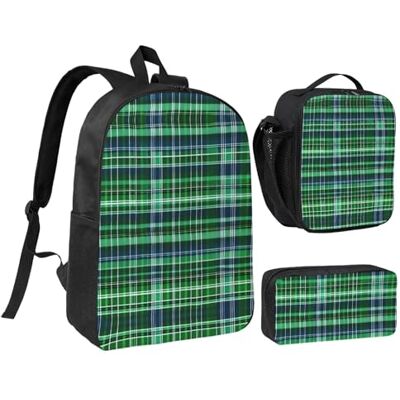 YQxwJL Lot de 3 sacs à dos avec trousse à crayons pour voyage, travail, camping, motif tartan écossais bleu et vert YQxwJL Lot de 3 sacs à dos avec trousse à crayons pour voyage, travail, camping, motif tartan écossais bleu et vert