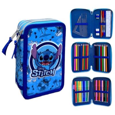 CARTOON Trousse multicompartiment 3 zip Stitch Disney pour l'école complète 44 pièces stylos crayons couleurs marqueurs giotto CARTOON Trousse multicompartiment 3 zip Stitch Disney pour l'école complète 44 pièces stylos crayons couleurs marqueurs giotto