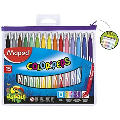 Maped Feutres Jungle Color’Peps 15 Feutres de Coloriage Lavables et Résistants au Séchage Pointe Moyenne Bloquée Couleurs Vives Idéal Fournitures Rentrée Scolaire Trousse zippée Maped Feutres Jungle Color’Peps 15 Feutres de Coloriage Lavables et Résistants au Séchage Pointe Moyenne Bloquée Couleurs Vives Idéal Fournitures Rentrée Scolaire Trousse zippée