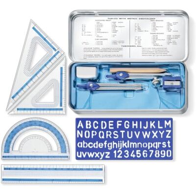 Staedtler 557 Kit de géométrie – 10 pièces, étui métallique Compas, équerres, rapporteur & règle 15 cm en étui métal – pour l’école – Art.-Nr. 557 10 Staedtler 557 Kit de géométrie – 10 pièces, étui métallique Compas, équerres, rapporteur & règle 15 cm en étui métal – pour l’école – Art.-Nr. 557 10