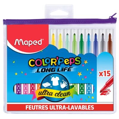 Maped 15 Feutres de Coloriage Ultra-lavables/Longue Durée Feutres Long Life Pointe Moyenne Bloquée Fourniture Scolaire Trousse Plastique Transparente Maped 15 Feutres de Coloriage Ultra-lavables/Longue Durée Feutres Long Life Pointe Moyenne Bloquée Fourniture Scolaire Trousse Plastique Transparente