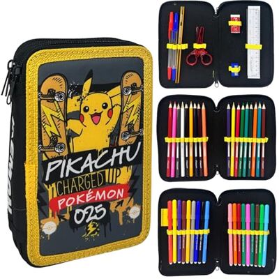 CARTOON Trousse 3 zip complet 44 pièces pour l'école multi-compartiments stylos crayons couleurs marqueurs Giotto, Pikachu, 20 x 13 x 6 cm, Moderne CARTOON Trousse 3 zip complet 44 pièces pour l'école multi-compartiments stylos crayons couleurs marqueurs Giotto, Pikachu, 20 x 13 x 6 cm, Moderne