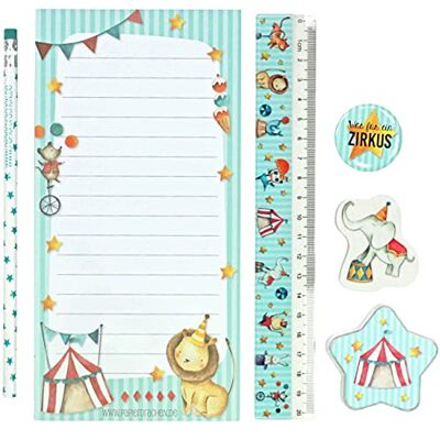 Papierdrachen Set d'écriture 6 pièces pour l'école primaire enfants Cirque avec taille-crayon, règle, gomme, bloc-notes et bouton Idée cadeau pour la rentrée des classes Petit cadeau Papierdrachen Set d'écriture 6 pièces pour l'école primaire enfants Cirque avec taille-crayon, règle, gomme, bloc-notes et bouton Idée cadeau pour la rentrée des classes Petit cadeau