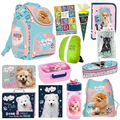 Goldkids Lot de 13 cartables XXL Sac à dos Trousse à crayons Agenda Pochette à bonbons Tablier Boîte à sandwich Gourde Protection contre la pluie Cahier de tâches pour l'école primaire Motif chien, multicolore, Ensemble cartable Goldkids Lot de 13 cartables XXL Sac à dos Trousse à crayons Agenda Pochette à bonbons Tablier Boîte à sandwich Gourde Protection contre la pluie Cahier de tâches pour l'école primaire Motif chien, multicolore, Ensemble cartable
