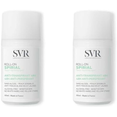 SVR Duo 2x Spirial Roll-On Déodorant Anti-Transpirant 48h Peaux sensibles Sans alcool Anti-traces Efficacité 48h 2 X 50 ml SVR Duo 2x Spirial Roll-On Déodorant Anti-Transpirant 48h Peaux sensibles Sans alcool Anti-traces Efficacité 48h 2 X 50 ml