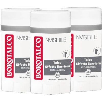 Borotalco Invisible Déodorant Homme Talc Effet Barrière Anti-Taches Sans Alcool 48H Stick 40 ml (3) Borotalco Invisible Déodorant Homme Talc Effet Barrière Anti-Taches Sans Alcool 48H Stick 40 ml (3)