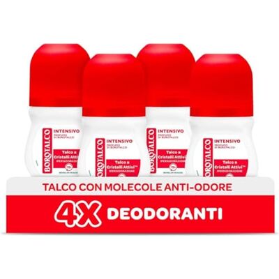 Borotalco , Lot de 4 déodorants roll-on intensifs avec talc à cristaux actifs, hypertranspiration, sans alcool, parfum , efficacité 72 h, 50 ml Borotalco , Lot de 4 déodorants roll-on intensifs avec talc à cristaux actifs, hypertranspiration, sans alcool, parfum , efficacité 72 h, 50 ml