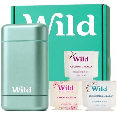 Wild Déodorant naturel rechargeable, sans aluminium, avec pack varié (3 x 40 g), comprend des essences Fresh Cotton & Sea Salt, Cherry Blossom et noix de coco et vanille Wild Déodorant naturel rechargeable, sans aluminium, avec pack varié (3 x 40 g), comprend des essences Fresh Cotton & Sea Salt, Cherry Blossom et noix de coco et vanille
