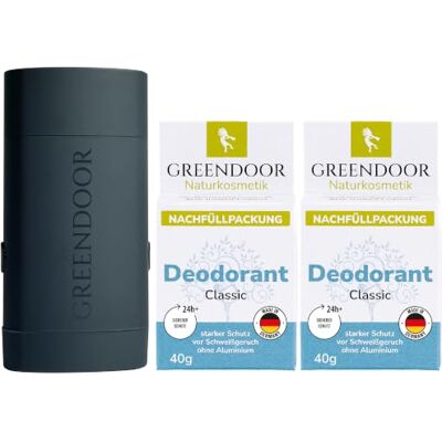 GREENDOOR Déodorant Refill System Starter Pack, déodorant rechargeable sans aluminium, protection forte sûre, ABS très stable dans une forme monolithique élégante, étui anthracite + 2 recharges de GREENDOOR Déodorant Refill System Starter Pack, déodorant rechargeable sans aluminium, protection forte sûre, ABS très stable dans une forme monolithique élégante, étui anthracite + 2 recharges de