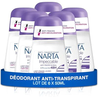 Narta Déodorant Femme Bille Impeccable Anti-Transpirant Anti-Traces Efficacité 48h Sans Alcool lot de 6 x 50ml Narta Déodorant Femme Bille Impeccable Anti-Transpirant Anti-Traces Efficacité 48h Sans Alcool lot de 6 x 50ml
