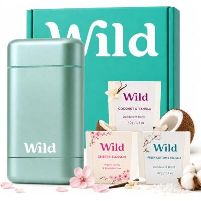 Wild Kit de démarrage de déodorant naturel sans aluminium – Étui Aqua rechargeable – Ingrédients naturels et protection contre les odeurs 24 heures – Pour homme et femme – Parfum frais – Étui + 3 Wild Kit de démarrage de déodorant naturel sans aluminium – Étui Aqua rechargeable – Ingrédients naturels et protection contre les odeurs 24 heures – Pour homme et femme – Parfum frais – Étui + 3