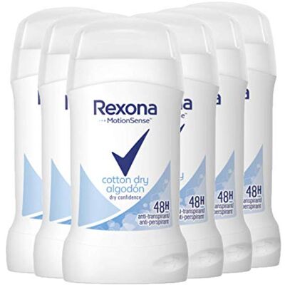 Rexona MotionSense Cotton Dry Lot de 6 déodorants anti-transpirants avec protection 48 heures contre la transpiration et les odeurs corporelles 40 ml Rexona MotionSense Cotton Dry Lot de 6 déodorants anti-transpirants avec protection 48 heures contre la transpiration et les odeurs corporelles 40 ml