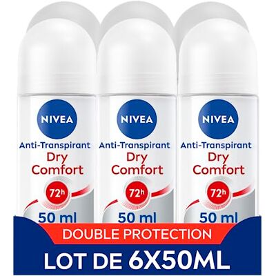 NIVEA Déodorant anti-transpirant Dry Comfort (lot de 6 x 50 ml), Déo bille pour femme protection 72H, Déo femme à la formule sans alcool pour tous types de peaux NIVEA Déodorant anti-transpirant Dry Comfort (lot de 6 x 50 ml), Déo bille pour femme protection 72H, Déo femme à la formule sans alcool pour tous types de peaux