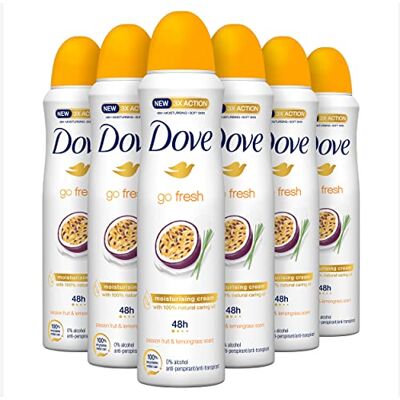 Dove Go Fresh Spray déodorant anti-transpirant Fruit de la Passion & Citronnelle Offre jusqu'à 48h de protection contre la sueur, hydrate la peau 6 x 150 ml Pack économique Dove Go Fresh Spray déodorant anti-transpirant Fruit de la Passion & Citronnelle Offre jusqu'à 48h de protection contre la sueur, hydrate la peau 6 x 150 ml Pack économique