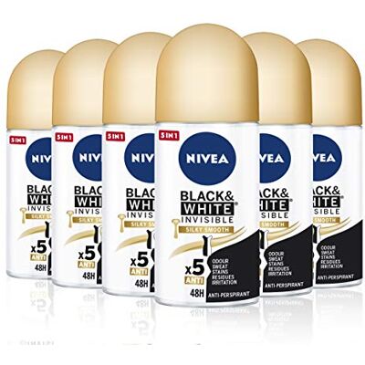 NIVEA Black & White Invisible Silky Smooth Roll-on en pack de 6 (6 x 50 ml) déodorant anti-transpirant pour une peau douce, déodorant roll on pour protéger les vêtements NIVEA Black & White Invisible Silky Smooth Roll-on en pack de 6 (6 x 50 ml) déodorant anti-transpirant pour une peau douce, déodorant roll on pour protéger les vêtements