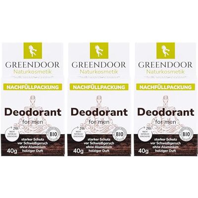 GREENDOOR Lot de 3 recharges de 40 g de déodorant fixes rechargeables sans aluminium Protection sûre Végétalien Parfum frais boisé Sans plastique GREENDOOR Lot de 3 recharges de 40 g de déodorant fixes rechargeables sans aluminium Protection sûre Végétalien Parfum frais boisé Sans plastique