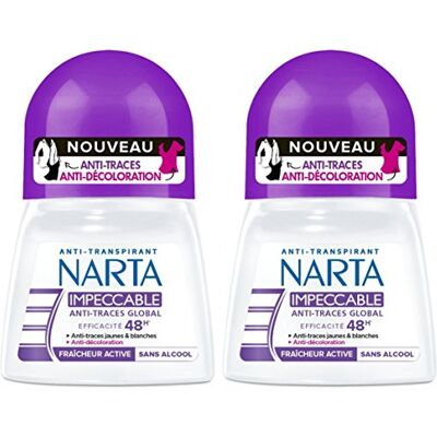Narta Déodorant Bille Femme Anti-transpirant, Anti-traces et Anti-décoloration 48h 50.0 ml Lot de 2 Narta Déodorant Bille Femme Anti-transpirant, Anti-traces et Anti-décoloration 48h 50.0 ml Lot de 2