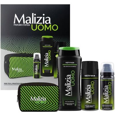 Malizia Vetyver Ensemble cadeau pour homme, bain de douche 250 ml, mousse à raser, 50 ml et déodorant spray 175 ml avec pochette Malizia Vetyver Ensemble cadeau pour homme, bain de douche 250 ml, mousse à raser, 50 ml et déodorant spray 175 ml avec pochette