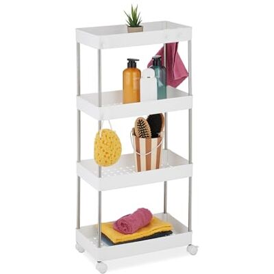 Relaxdays Chariot de niche à 4 étages avec roulettes pour cuisine, salle de bain, 88 x 41,5 x 23,5 cm, plastique, acier inoxydable, blanc Relaxdays Chariot de niche à 4 étages avec roulettes pour cuisine, salle de bain, 88 x 41,5 x 23,5 cm, plastique, acier inoxydable, blanc