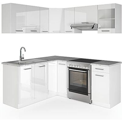 Vicco Cuisine en angle "Rick", Blanc Haute brillance/Blanc, 187 x 167 cm PT Marbre, avec des éléments modulaires extensibles pour une planification de cuisine flexible Vicco Cuisine en angle "Rick", Blanc Haute brillance/Blanc, 187 x 167 cm PT Marbre, avec des éléments modulaires extensibles pour une planification de cuisine flexible