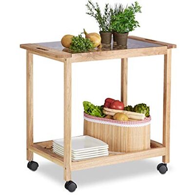 Relaxdays Desserte de cuisine à roulettes en noyer avec surface de rangement et plateau en verre HxlxP: 62 x 66 x 38 cm 2 étages, nature Relaxdays Desserte de cuisine à roulettes en noyer avec surface de rangement et plateau en verre HxlxP: 62 x 66 x 38 cm 2 étages, nature