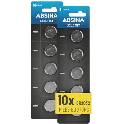 ABSINA Lot de 10 piles bouton CR2032, 3 V, CR2032, anti-fuite et longue durée de vie, piles au lithium CR 2032, pour clés de voiture et bien plus encore ABSINA Lot de 10 piles bouton CR2032, 3 V, CR2032, anti-fuite et longue durée de vie, piles au lithium CR 2032, pour clés de voiture et bien plus encore