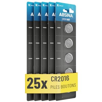 ABSINA CR2016 Lot de 25 piles bouton au lithium 3 V CR 2016 Anti-fuite et longue durée de vie Pour clés de voiture, balance de cuisine, etc ABSINA CR2016 Lot de 25 piles bouton au lithium 3 V CR 2016 Anti-fuite et longue durée de vie Pour clés de voiture, balance de cuisine, etc