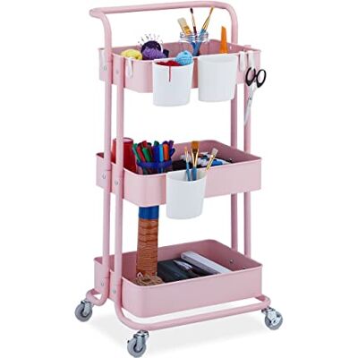 Relaxdays Desserte à roulettes, 3 niveaux, 2 freins, multi-usage pour cuisine & bureau, en métal, HLP : 86x38x39cm, rose Relaxdays Desserte à roulettes, 3 niveaux, 2 freins, multi-usage pour cuisine & bureau, en métal, HLP : 86x38x39cm, rose