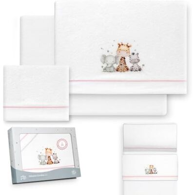 Interbaby Parure de lit d'hiver pour berceau 50 x 80 cm, motif girafe éléphant, comprenant drap housse, drap plat et taie d'oreiller Interbaby Parure de lit d'hiver pour berceau 50 x 80 cm, motif girafe éléphant, comprenant drap housse, drap plat et taie d'oreiller