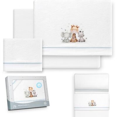 Interbaby Parure de lit d'hiver pour berceau 50 x 80 cm, motif girafe éléphant, comprenant drap housse, drap plat et taie d'oreiller Interbaby Parure de lit d'hiver pour berceau 50 x 80 cm, motif girafe éléphant, comprenant drap housse, drap plat et taie d'oreiller