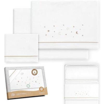Interbaby Underzy Parure de lit pour berceau en flanelle 100% coton avec drap-housse, drap plat et taie d'oreiller Motif étoiles de lune Blanc/beige 50 x 80 cm Interbaby Underzy Parure de lit pour berceau en flanelle 100% coton avec drap-housse, drap plat et taie d'oreiller Motif étoiles de lune Blanc/beige 50 x 80 cm