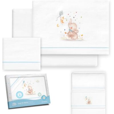 Interbaby Parure de lit pour berceau 50 x 80 cm, 100% coton, avec drap-housse, drap plat et taie d'oreiller Idéal l'hiver Éléphant blanc/bleu Interbaby Parure de lit pour berceau 50 x 80 cm, 100% coton, avec drap-housse, drap plat et taie d'oreiller Idéal l'hiver Éléphant blanc/bleu