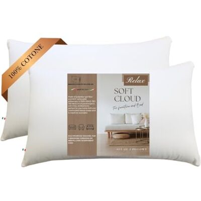 GM Soft Cloud Bed Pillows 40x80 Oreillers pour le sommeil 2 pièces housse 100% coton fraîchement lavable hypoallergénique et respirant Made in Italy GM Soft Cloud Bed Pillows 40x80 Oreillers pour le sommeil 2 pièces housse 100% coton fraîchement lavable hypoallergénique et respirant Made in Italy