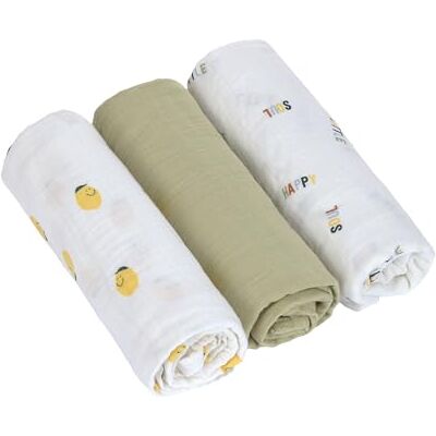 Lässig Bébé Couverture de puériculture Drap de puériculture Lot de 3 en Coton 85 x 85 cm/Swaddle & Burp Blanket L Happy Fruits Lemon Lässig Bébé Couverture de puériculture Drap de puériculture Lot de 3 en Coton 85 x 85 cm/Swaddle & Burp Blanket L Happy Fruits Lemon